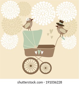 Cute baby shower invitation, birthday card with baby carriage, birds and flowers, vector illustration background