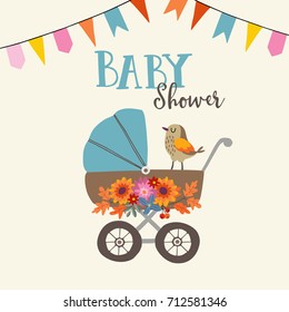 Cute baby shower invitation or birthday card with bird, baby carriage and flowers. Vector illustration background with party flags.