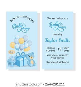 Cute baby shower invitation with blue toy illustrations and "It's a boy" text, perfect for greeting cards, newborn announcements, and celebration designs