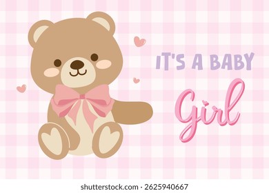 Bonito cartão de convite para bebê e crianças recém-nascidos celebração. É um cartão de menina com pelúcia brinquedo bonito ursinho ursinho vetor ilustração plana.