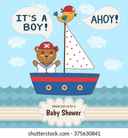 Cute baby shower invitation card "It's a boy" in nautical style. Vector background with a cute bear and a bird in a boat