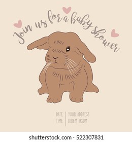 Cute baby shower invitation. Childish background with baby bunny rabbit and beautiful typography. Invitation card template for baby boy or baby girl.