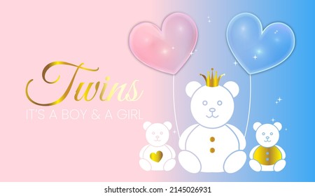 Cute Baby Shower Invitation Design. Blue and Pink Twins It's a Girl and a Boy Vector Illustration with Gold Bears and Heart Balloons for Girl and Boy