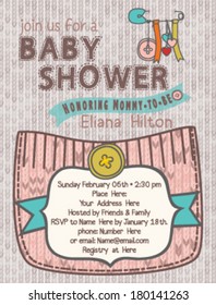 Cute Baby Shower Invitation Layout Template with Woolen Knitted Pocket and Yellow Button, pink color arrival date announcement for girl and boy, Unisex mommy to be greeting card White frame background