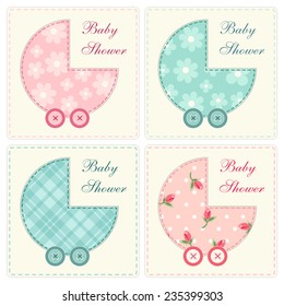 Cute baby shower invitation as retro fabric applique of baby carriage in shabby chic style