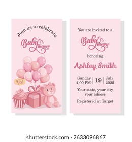 Cute baby shower invitation template with pink elements and sweet illustrations for celebrating the arrival of a baby girl