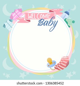 Cute baby shower and new born design banner background vector with pacifier, baby clothes. 