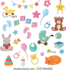 Cute baby shower and nursery elements collection with toys and sleeping animals