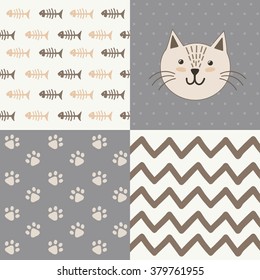 Cute baby shower pattern with a cat. Vector design set