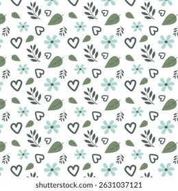 Cute baby shower pattern with hearts and leaves, unisex gender reveal background. The boys' gender party. Blue flowers
