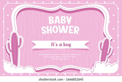 cute baby shower pink theme with cloud and cactus. vector illustration