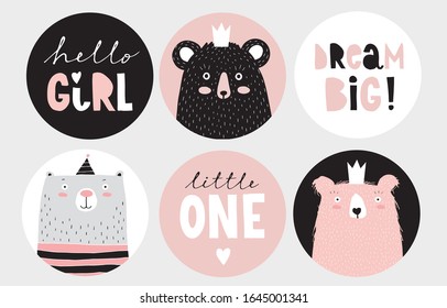 Cute Baby Shower Round Shape Vector Tags.Baby Girl Party Cake Toppers.Teddy Bear on a White, Black and Pink Background. Hello Girl,Little One and Dream Big Vector Stickers. Baby Girl Party Decoration.