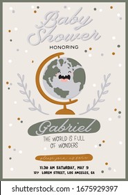 Cute baby shower in scandinavian style including trendy quotes and cool animal decorative hand drawn elements. Cartoon doodle kids  illustration for nursery room decor, children design. Vector.