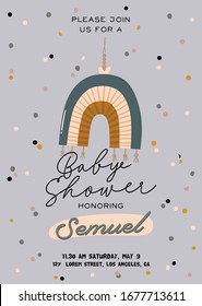 Cute baby shower in scandinavian style including trendy quotes and cool animal decorative hand drawn elements. Cartoon doodle kids  illustration for nursery room decor, children design. Vector.