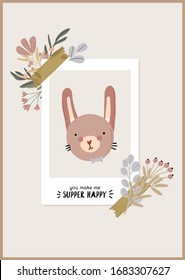 Cute baby shower in scandinavian style including flowers and funny animal decorative hand drawn elements. Cartoon doodle kids  illustration for nursery room decor, children design. Vector.