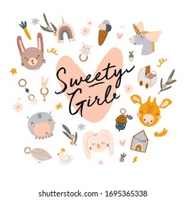 Cute baby shower in scandinavian style including trendy quotes and cool animal decorative hand drawn elements. Cartoon doodle kids  illustration for nursery room decor, children design. Vector.