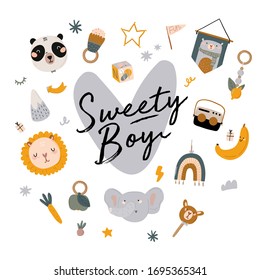 Cute baby shower in scandinavian style including trendy quotes and cool animal decorative hand drawn elements. Cartoon doodle kids  illustration for nursery room decor, children design. Vector.