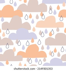 Cute baby shower seamless pattern in retro scandinavian style. Abstract clouds and doodle rain drops background in neutral beige colors. Nursery vector art for childish fabric, kids textile, wallpaper