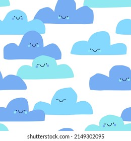 Cute baby shower seamless pattern. Abstract cloud characters with smiles, happy doodle faces background in blue colors. Nursery vector art illustration for childish fabric, kids textile, wallpaper