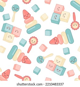 Cute baby shower seamless pattern with toys with kawaii faces isolated on white background.