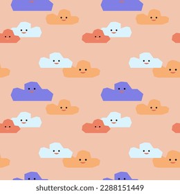 Rutsche Babydusche nahtlose Muster. Abstrakte Cloud-Charaktere mit Lächeln, Happy-Doodle-Gesichter auf blauem Hintergrund. Kindergarten, Vektorgrafik für Kindergewebe, Kindertextilien, Tapete
