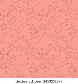 Cute baby shower seamless pattern. Newborn's things, teddy bear, pacifier, bottle, rattle. Line style, vector illustration.