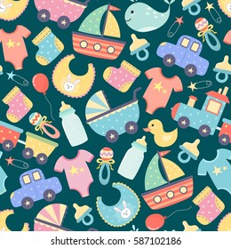 Cute baby shower seamless pattern. Colorful newborn background. Vector illustration