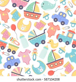 Cute baby shower seamless pattern. Colorful newborn background. Vector illustration