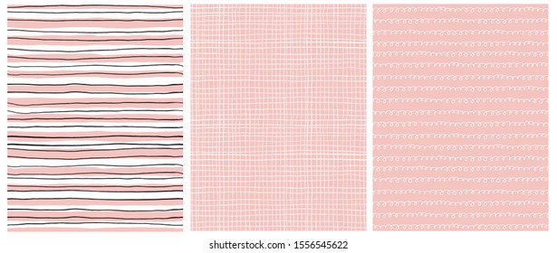 Cute Baby Shower Seamless Vector Patterns.White and Black Strips on a Light Pink Background.White Tiny Grid and Lines with Loops on a Pink Layout.Simple Geometric Print for Baby Girl Party Decoration.