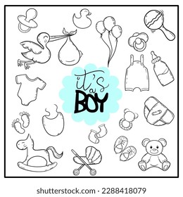 Cute Baby Shower Set, Hand Draw, Line Art