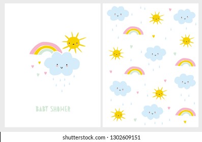 Cute Baby Shower Vector Card and Pattern. White Background. Blue Smiling Cloud with Raindrops.Funny Yellow Sun. and Colorful Rainbow with Tiny Hearts. Lovely Nursery Art.Infantile Style Kawii Design.