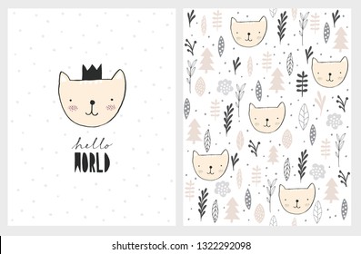 Cute Baby Shower Vector Card and Pattern.Sweet Baby Cat Wearing Black Crown.Gray Dots on a White Background. Sweet Cats Among Abstract Twigs,Trees and Flowers. Neutral Gender Colors.Funny Nursery Art.