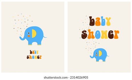 Cute Baby Shower Vector Card with Sweet Blue Elephant and Confetti Rain. Retro Lettering Text. Gender Neutral Colors. Lovely Prints ideal for Baby Welcome Party Invitation, Greetings. RGB Colors. 