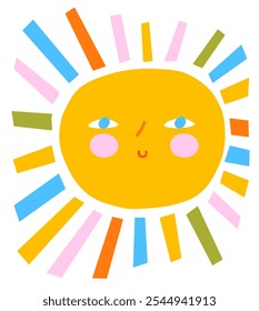 Cartão vetor de chuveiro de bebê bonito com sol sorridente com raios coloridos. Sol amarelo sobre um fundo branco. Engraçado Desenho Infantil-como Arte de Berçário com Sol Brilhante Colorido. Impressão de Verão para Crianças. RGB