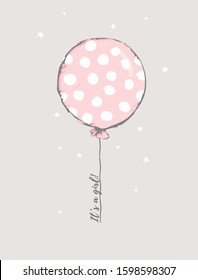 Cute Baby Shower Vector Illustration. Round Shape Pink Balloon with White Big Dots. Flying Dotted Pink Balloon Isolated on a Light Beige Background. It's a Girl.Lovely Nursery Art for Baby Girl Party.