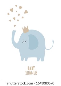 Cute Baby Shower Vector Illustration with Funny Hand Drawn Blue Elephant Isolated on a White Background. Golden Heart Fountain. Sweet Nursery Art with Little Baby Elephant Wearing Golden Crown. 