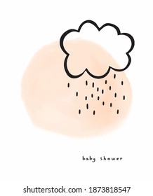 Cute Baby Shower Vector Illustration with Black Hand Drawn Cloud and Rain. Funny Infantile Style Nursery Art ideal for Baby Girl Party Invitation. Black Fluffy Cloud Isolated on a Pastel Pink Stain.