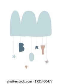 Cute Baby Shower Vector Illustration with Hand Drawn Stars, Hearts, Handwritten Boy and Blue Fluffy Cloud Isolated on a White Background. Funny Scandinavian Style Prints ideal for Boy's Room Decor.