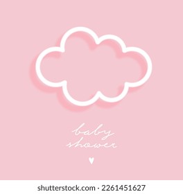 Cute Baby Shower Vector Illustration with White Glowing Neon Cloud on a Pastel Pink Background. Modern Baby Girl Party Print with Big Fluffy Cloud ideal for Card, Invitation, Banner.
