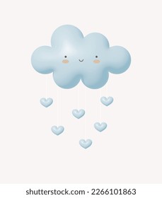 Cute Baby Shower Vector Illustration with Fluffy Pastel Blue  Smiling Cloud with Dropping Hearts.No Text.Balloon-like Cloud and Rain of Hearts isolated on an Off-White Background.Baby Boy Party Print.