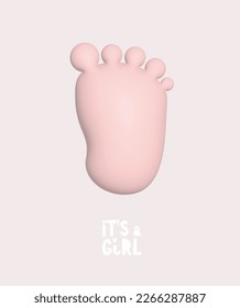 Cute Baby Shower Vector Illustration with Fluffy Pastel Pink  Foot and White Handwritten "it's a Girl".Balloon-like Baby Foot isolated on a Light Beige Background.Baby Girl Party Print ideal for Card.