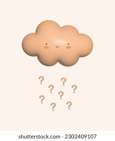 Cute Baby Shower Vector Illustration with Fluffy Smiling Cloud. No Text. 3D Balloon-like Cloud and Rain of Question Marks  isolated on a Light Beige Background.Gender Neutral Colors Baby Shower Print.