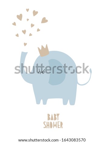 Cute Baby Shower Vector Illustration with Funny Hand Drawn Blue Elephant Isolated on a White Background. Golden Heart Fountain. Sweet Nursery Art with Little Baby Elephant Wearing Golden Crown. 