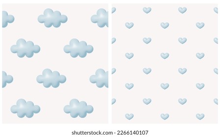 Cute Baby Shower Vector Seamless Pattern with Pastel Blue Clouds and Hearts on a Light Beige Background. Modern Baby Shower Repeatable Print with Big Fluffy Clouds ideal for Wrapping paper, Fabric.