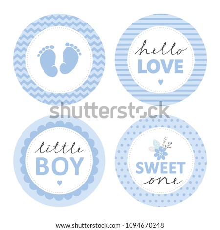 Cute Baby Shower Vector Sticker. Round Tags, Blue Color. Baby Feet in a Circle with Chevron. Little Boy. Hello Love in Striped Circle. Sweet One with Flower Bunch in a Circle with Dots. Tags Set.
