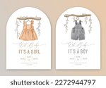Cute baby shower watercolor invitation card for baby and kids new born celebration. Its a girl, Its a boy card with baby dress and toys