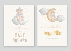 Cute Baby Shower Watercolor Invitation Card For Baby And Kids New Born Celebration. With Clouds, Moon, Stars, Teddy Bear And Calligraphy Inscription