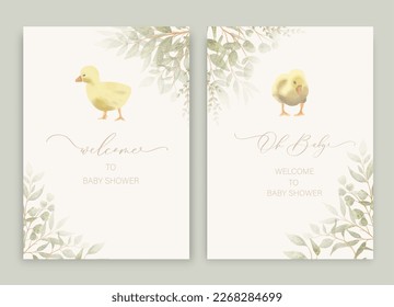 Cute baby shower watercolor invitation card for baby and kids new born celebration. Little ducklings with green leaves