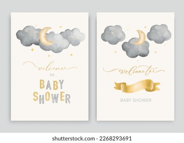 Cute baby shower watercolor invitation card for baby and kids new born celebration. With clouds, moon, stars, teddy bear and calligraphy inscription