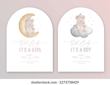 Cute baby shower watercolor invitation card for baby and kids new born celebration. Its a girl, Its a boy card with plush toy on the moon and cloud